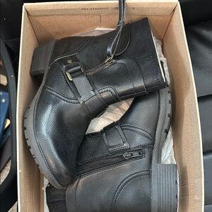 Black Ankle Boots with Rugged Sole and Strap Detail